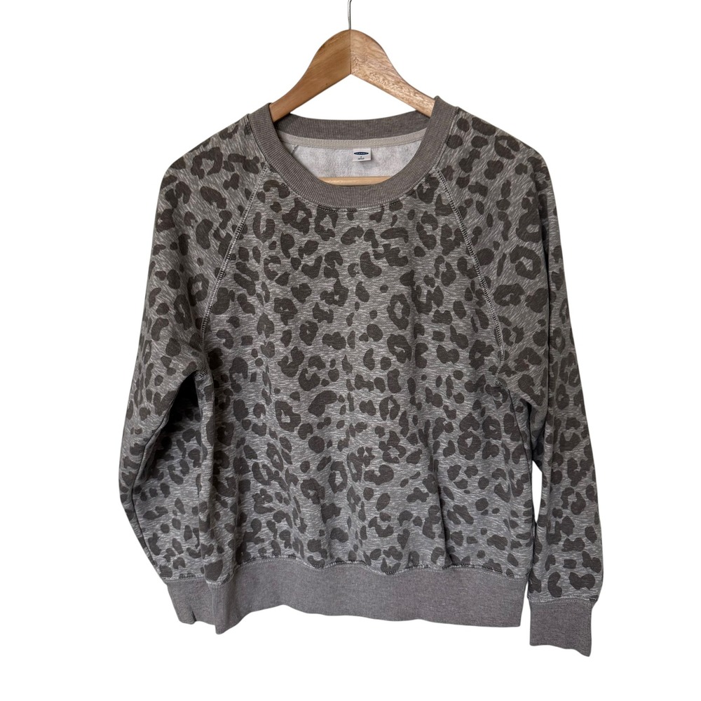 Old Navy Sweatshirt Women Small Gray Exc. Leopard Print Raglan Fleece Pullover